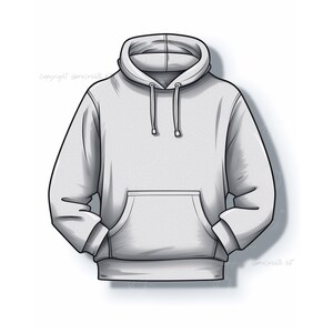 May include: A gray hooded sweatshirt with a front pocket. The hoodie has a drawstring.