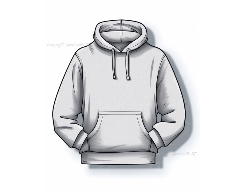 May include: A gray hooded sweatshirt with a front pocket. The hoodie has a drawstring.