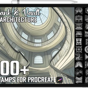 Könnte beinhalten: Eine digitale Illustration eines großen Bank- oder Tresorinnenraums mit einer Wendeltreppe, die zu einer Kuppeldecke führt. Das Bild wird von einem Textüberlagerung begleitet, die "Bank & Vault Architecture" und "100+ Stamps for Procreate" lautet.