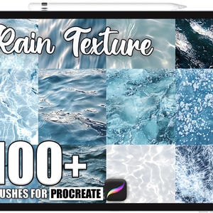 Op de afbeelding: Een digitale tablet toont een raster van watertexturen in blauwe en witte tinten. De tekst "Rain Texture" staat bovenaan, met "100+ Brushes for Procreate" onderaan. Een stylus ligt bovenaan.