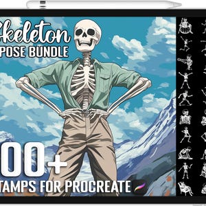 Könnte beinhalten: Eine digitale Illustration eines Skeletts in einem grünen Hemd und Jeans, mit dem Text "Skeleton Pose Bundle" und "100+ Stamps for Procreate" auf einem blauen und weißen Hintergrund. Das Bild zeigt auch eine Vielzahl von Skelettposen.