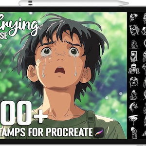 Pode incluir: Uma ilustração digital de um personagem de anime chorando com lágrimas escorrendo pelo rosto. A imagem é usada para promover um conjunto de mais de 100 selos digitais para o aplicativo Procreate. O texto "Crying POSE" e "100+ STAMPS FOR PROCREATE" é visível na imagem.