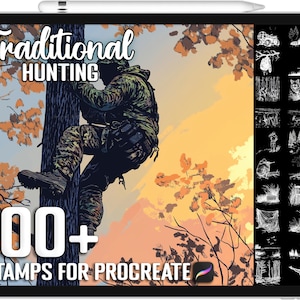 Puede incluir: Una ilustración digital de un cazador con ropa de camuflaje trepando a un árbol. La imagen se utiliza para promocionar un conjunto de más de 100 sellos digitales para la aplicación Procreate, con ilustraciones de temática de caza. El texto "Traditional Hunting" y "100+ Stamps for Procreate" es visible en la imagen.