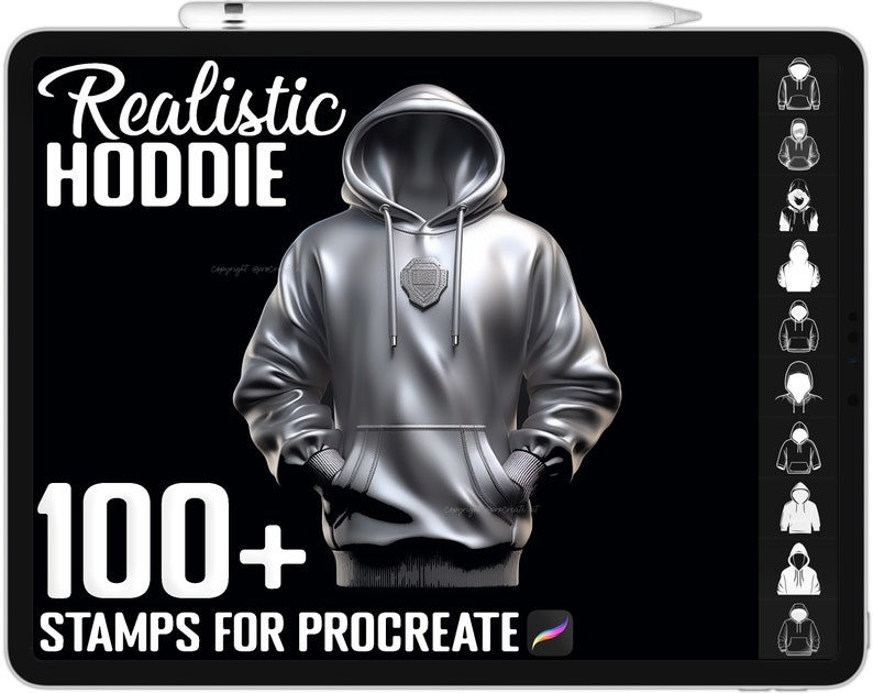 May include: A digital illustration of a silver hoodie with a logo on the front. The text "Realistic Hoodie" and "100+ Stamps for Procreate" are displayed on the screen. The image is a mockup for a digital product.