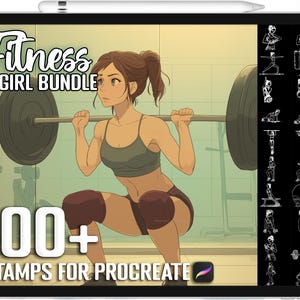 Op de afbeelding: Digitale illustratie van een vrouw die gewichten heft, onderdeel van een "Fitness Girl Bundle". De afbeelding staat op een tablet met de tekst "Fitness Girl Bundle" en "100+ Stamps for Procreate". De vrouw draagt een sportbeha en shorts.