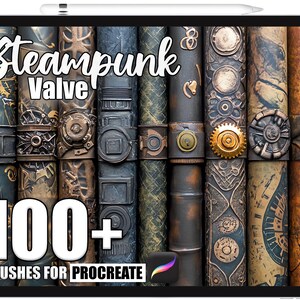 Op de afbeelding: Digitale afbeelding met steampunk-stijl klep ontwerpen met metalen texturen en ingewikkelde mechanische details. De tekst "Steampunk Valve" en "100+ Brushes for Procreate" is zichtbaar.