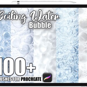 Puede incluir: Una tableta digital muestra un gráfico con el texto "Boiling Water Bubble" y "100+ Brushes for Procreate". El gráfico presenta texturas de burbujas en tonos blancos y azules, con el logotipo de la aplicación Procreate en la esquina.