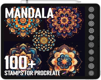 May include: A digital illustration of a tablet screen displaying a set of 100+ mandala stamps for Procreate. The image shows five colourful mandalas with intricate designs, and a row of 10 smaller, grey mandalas on the right side of the screen.
