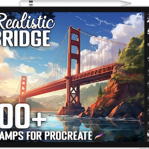 May include: A digital illustration of the Golden Gate Bridge with a blue sky and white clouds. The text "Realistic BRIDGE" and "100+ STAMPS FOR PROCREATE" is displayed on the image.