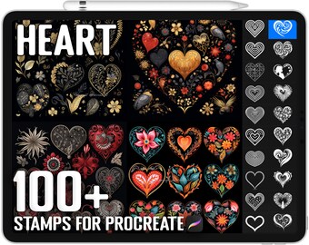 May include: A digital illustration of over 100 heart-shaped stamps for the Procreate app. The stamps feature intricate floral designs, geometric patterns, and various styles of hearts. The image includes the text "HEART 100+ STAMPS FOR PROCREATE".