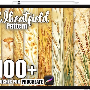 以下が含まれることがあります： タブレットに表示されたデジタルアートセット。"Wheatfield Pattern"と題され、小麦、花、キノコのイラストが特徴。"100+ BRUSHES FOR PROCREATE"の文字とProcreateアプリのロゴも含まれています。