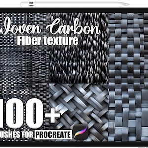 May include: A tablet screen displaying digital art of woven carbon fibre textures. The text "Woven Carbon Fiber texture" is at the top, with "100+ Brushes for Procreate" at the bottom. The textures are in shades of grey and black.