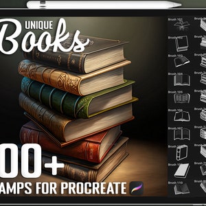 May include: A digital illustration of a stack of unique, vintage-style books on a wooden surface. The image is labeled "UNIQUE Books 100+ STAMPS FOR PROCREATE".
