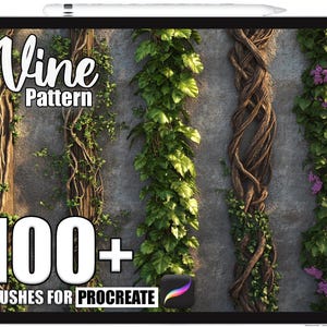 May include: A digital art display shows various vine patterns. The text "Vine Pattern" is at the top, with "100+ BRUSHES FOR PROCREATE" at the bottom. The vines are brown, green, and purple, against a gray background.