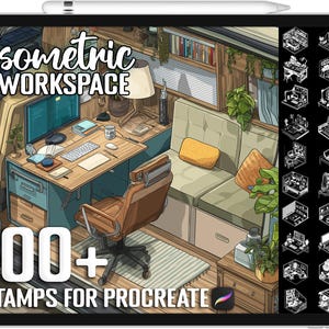 Peut inclure: Une illustration numérique d'un espace de travail isométrique est affichée sur un iPad. On peut voir un bureau, une chaise et un canapé. Le texte "Isometric WORKSPACE" et "100+ STAMPS FOR PROCREATE" sont présents.
