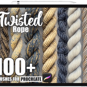 May include: A digital art product displayed on a tablet, featuring various twisted rope textures. The text "Twisted Rope" is at the top, with "100+ Brushes for Procreate" below. The ropes vary in color, including beige, blue, and brown.