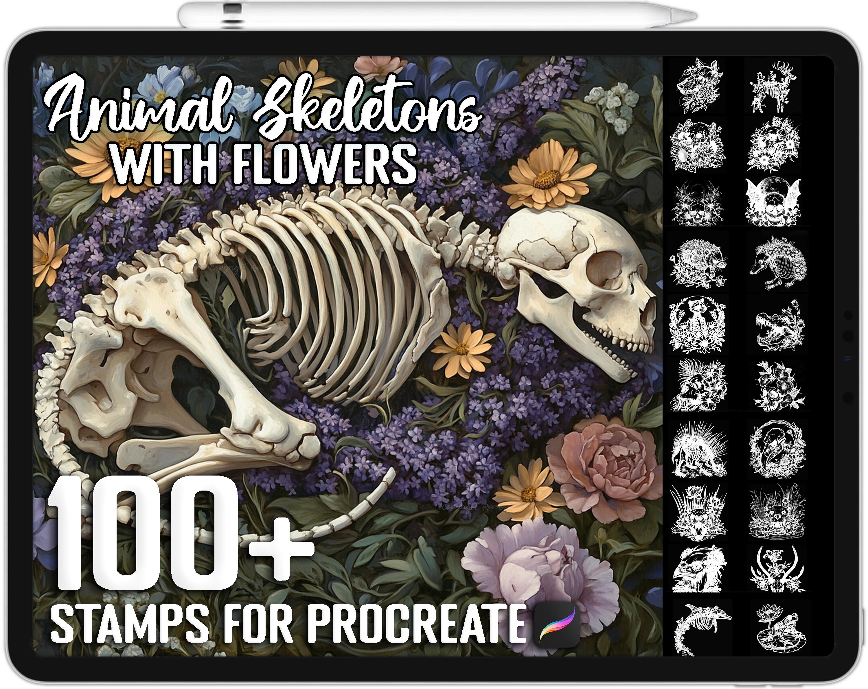 100+ Procreate Animal Skeletons with Flowers Stamps, Brushes for Procreate, Instant Digital Download