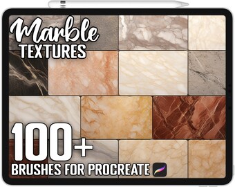 May include: A digital illustration of a tablet screen displaying a set of 100+ marble texture brushes for Procreate. The image shows a variety of marble textures in different colors and patterns.