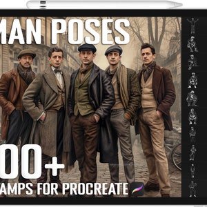 May include: A digital illustration of 100+ man poses for Procreate. The image shows five men in vintage clothing standing in a city street. The men are wearing hats, coats, and trousers. The poses are shown in a black and white outline style.