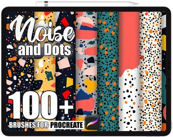 May include: A digital tablet displays a collection of colorful abstract patterns. The text "Noise and Dots" is at the top, with "100+ BRUSHES FOR PROCREATE" at the bottom. The patterns include dots, shapes, and various color combinations.