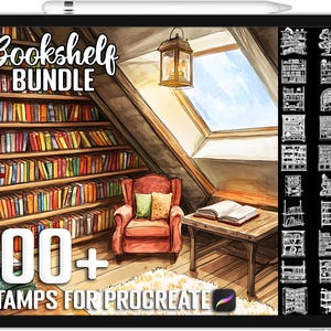 May include: A digital illustration of a bookshelf filled with books in a room with a skylight. The image includes the text "Bookshelf Bundle 100+ Stamps for Procreate".