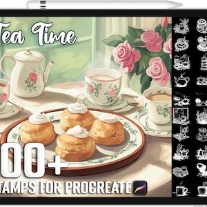 May include: A digital illustration of a tea time scene with a teapot, teacups, and scones. The image includes the text "Tea Time" and "100+ Stamps for Procreate".