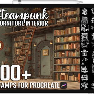 May include: A digital illustration on a tablet displaying a steampunk furniture interior design. The image shows a library with a ladder, bookshelves, and furniture stamps for Procreate. Text reads "Steampunk Furniture Interior" and "100+ Stamps for Procreate."