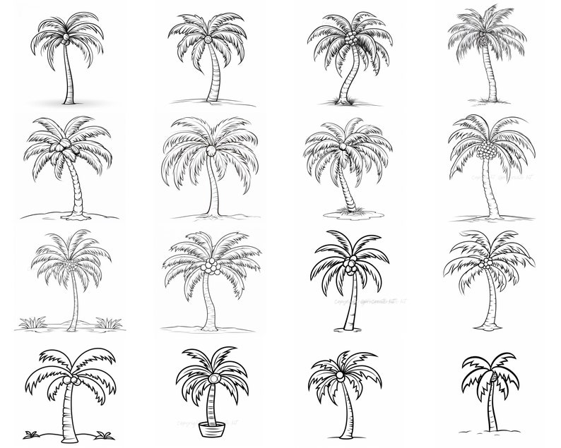May include: A collection of 16 black and white line drawings of palm trees. The trees are drawn in a simple, cartoon style. Some of the trees are in pots, while others are growing in the ground.