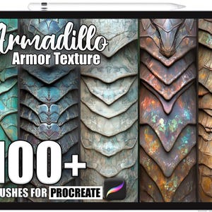 Puede incluir: Una tableta muestra arte digital con texturas de armadura de armadillo en tonos turquesa, azul, gris y marrón. El texto "Armadillo Armor Texture" está en la parte superior, con "100+ Brushes for Procreate" en la parte inferior, mostrando una variedad de diseños.
