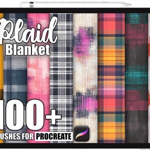 Könnte beinhalten: Ein Tablet-Bildschirm zeigt eine digitale Kunstsammlung von karierten Deckenstrukturen. Die Worte "Plaid Blanket" stehen oben, darunter "100+ Brushes for Procreate". Die Farbpalette umfasst Gelb, Blau, Rosa, Schwarz und Orange.
