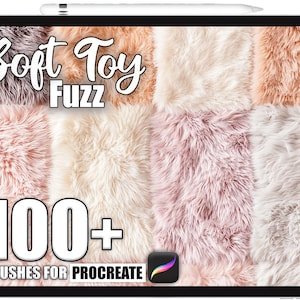 May include: A digital art product displayed on a tablet. The image features a variety of soft, fluffy textures in shades of peach, pink, and cream. Text reads "Soft Toy Fuzz" and "100+ Brushes for Procreate."