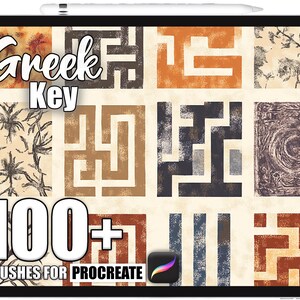 以下が含まれることがあります： デジタルタブレットには、Procreate用の100以上のブラシが表示されています。画像には、茶色、オレンジ色、青色のさまざまなテクスチャパターンが表示されています。「Greek Key」と「Brushes for Procreate」という文字が表示されています。