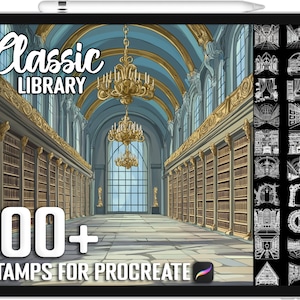 May include: A digital illustration of a classic library interior with a large chandelier and bookshelves. The image is accompanied by the text "Classic Library" and "100+ Stamps for Procreate".
