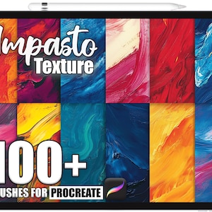 Op de afbeelding: Een digitale tablet toont een verzameling kleurrijke, getextureerde penseelstreken. De tekst "Impasto Texture" staat bovenaan, met "100+ Brushes for Procreate" onderaan. Een stylus ligt op de rand van de tablet.
