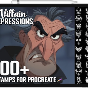 May include: Digital art stamps for Procreate featuring villain expressions. The image shows a tablet with a cartoon illustration of a stern-faced man with the text "Villain Expressions" and "100+ Stamps for Procreate". A stylus rests on the top edge.