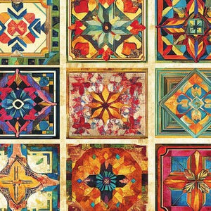 May include: Nine colourful, square, abstract art tiles with geometric patterns. Each tile features a unique design with a variety of colours including red, blue, yellow, and green. The tiles are arranged in a 3x3 grid on a textured, beige background.