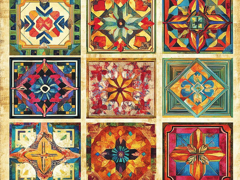 May include: Nine colourful, square, abstract art tiles with geometric patterns. Each tile features a unique design with a variety of colours including red, blue, yellow, and green. The tiles are arranged in a 3x3 grid on a textured, beige background.