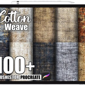 Puede incluir: Una tableta digital muestra una variedad de texturas de tejido de algodón. El texto "Cotton Weave" está en la parte superior, con "100+ BRUSHES FOR PROCREATE" en la parte inferior. Las texturas incluyen tonos de azul, beige y marrón.