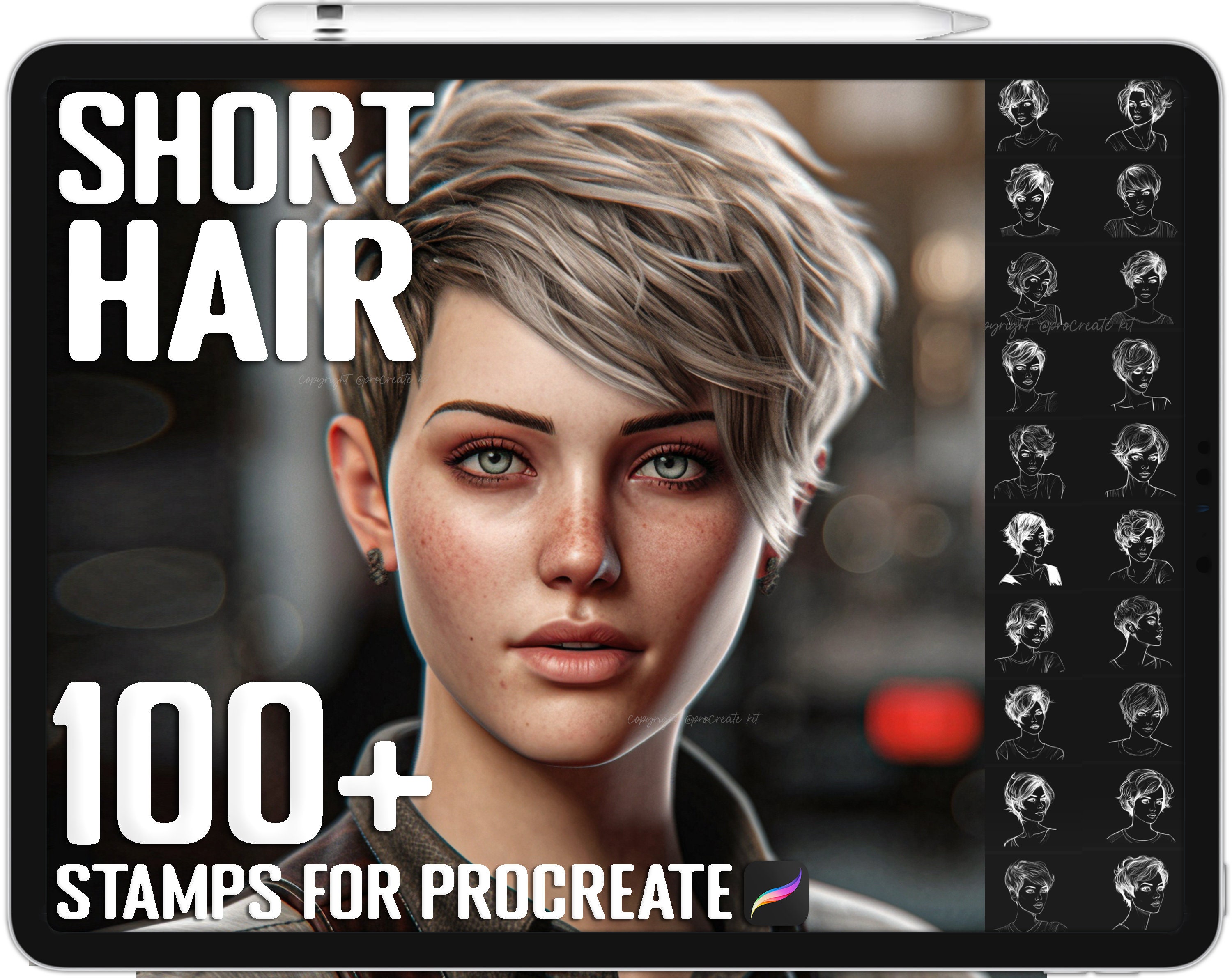 100+ Pinceles y Sellos Realistas de Cabello Corto para Procreate | Pixie, Bob, Crop Texturizado | Descarga Instantánea