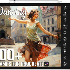 Puede incluir: Una ilustración digital de una mujer bailando en una calle de la ciudad. La imagen se utiliza para promocionar un conjunto de más de 100 sellos digitales para la aplicación Procreate. El texto "Dancing" y "100+ Stamps for Procreate" es visible en la imagen.