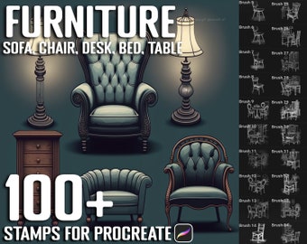 May include: A set of 100+ digital stamps for Procreate featuring illustrations of furniture, including sofas, chairs, desks, beds, and tables. The stamps are in both color and line art styles.