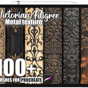 Può includere: Un tablet digitale mostra una collezione di texture metalliche di filigrana vittoriana. L'immagine presenta vari disegni ornati in oro, nero e bronzo, con il testo "Victorian Filigree Metal texture" e "100+ Brushes for Procreate".