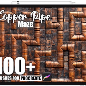 Pode incluir: Um design de arte digital exibido em um tablet, apresentando um padrão de labirinto de tubos de cobre. O texto "Copper Pipe Maze" está no topo, com "100+ Brushes for Procreate" na parte inferior. A paleta de cores inclui tons de marrom e cobre.