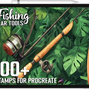 Könnte beinhalten: Eine digitale Illustration von Angelgeräten auf einem grünen, blättrigen Hintergrund. Das Bild zeigt eine Angelrute, eine Rolle und einen Köder. Der Text "Fishing Gear Tools" und "100+ Stamps for Procreate" ist auf dem Bild zu sehen.
