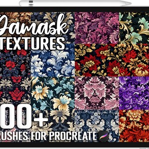 Puede incluir: La pantalla de una tableta digital muestra una colección de más de 100 pinceles de textura damasco para Procreate. Los pinceles presentan intrincados patrones florales en varios colores, incluidos rojo, azul, morado y dorado.