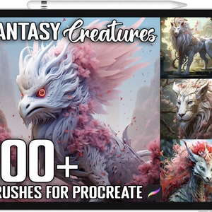 May include: A digital illustration of a white, feathered creature with red eyes. The creature is surrounded by pink flowers. The text "Fantasy Creatures 100+ Brushes for Procreate" is displayed at the bottom of the image.