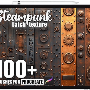 Op de afbeelding: Een digitaal kunstontwerp op een tablet, met een steampunk-vergrendelingstextuur. De afbeelding bevat de tekst "Steampunk Latch texture" en "100+ Brushes for Procreate". Het kleurenpalet omvat tinten bruin, koper en grijs.
