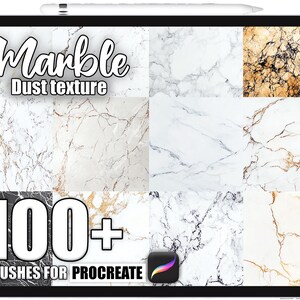 May include: A digital tablet shows a selection of marble dust texture brushes for Procreate. The screen displays diverse marble patterns in white, black, and gold, with the text "Marble Dust texture" and "100+ Brushes for Procreate".