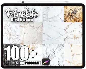 May include: A digital tablet displays a collection of marble dust texture brushes for Procreate. The screen shows various marble patterns in white, black, and gold, with the text "Marble Dust texture" and "100+ Brushes for Procreate".