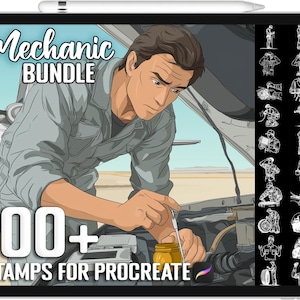 May include: Digital art bundle for Procreate featuring a mechanic working on a car. The image includes the text "Mechanic Bundle" and "100+ Stamps for Procreate". A stylus rests on the tablet's edge, with mechanic-themed stamps on the right.